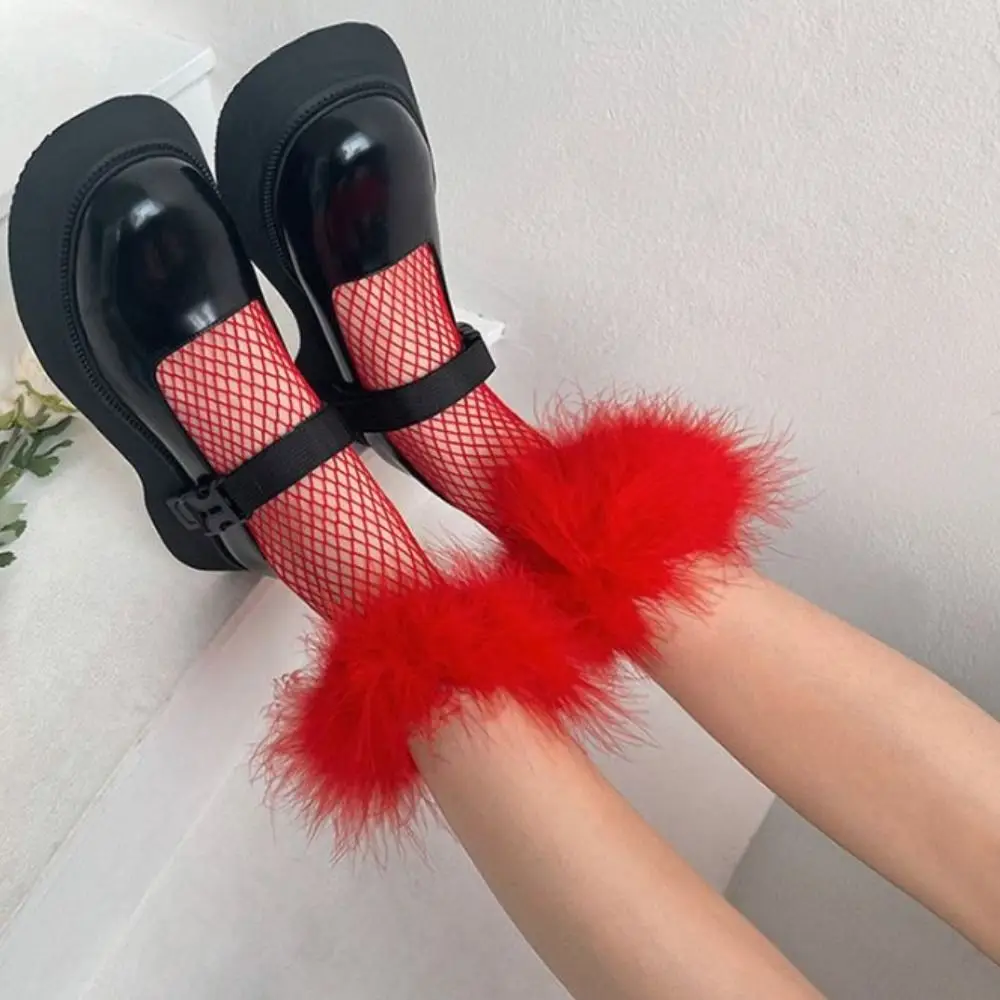 Eye-catching Mesh Feather Fishnet Stockings Grid Ruffle Hollow Out Socks Bright Color Hosiery Socks Women Y2K Female