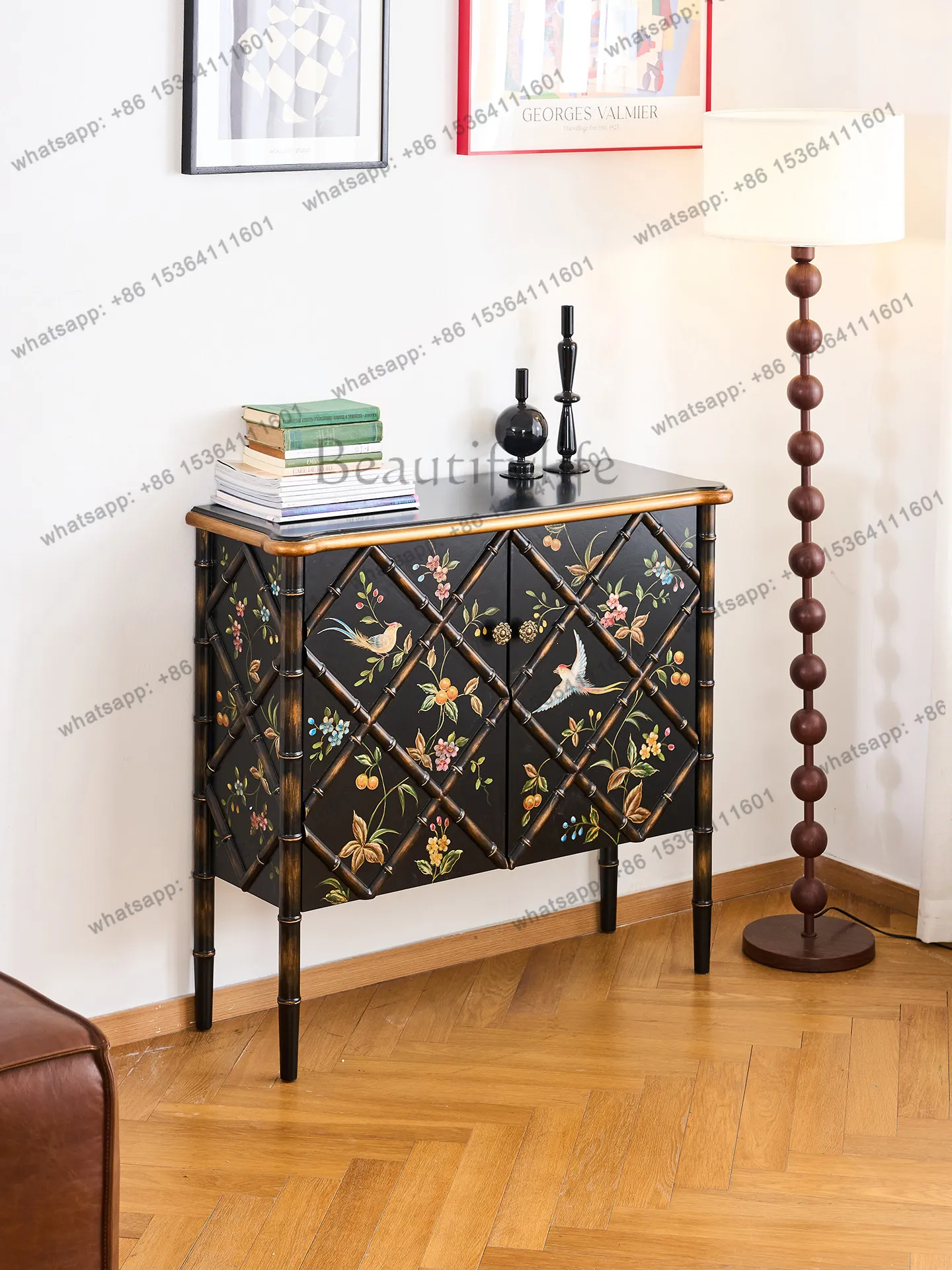 LX French hand-painted flower and bird medium antique solid wood double door locker American retro decorative cabinet