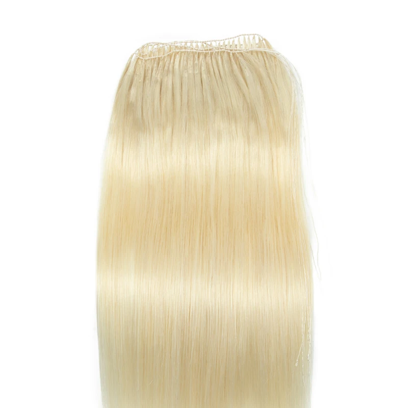 Estensioni dei capelli con punta in piuma invisibile Fasci biondi lisci Capelli umani da cucire in microanelli Trama dei capelli 40 cm 100 fili