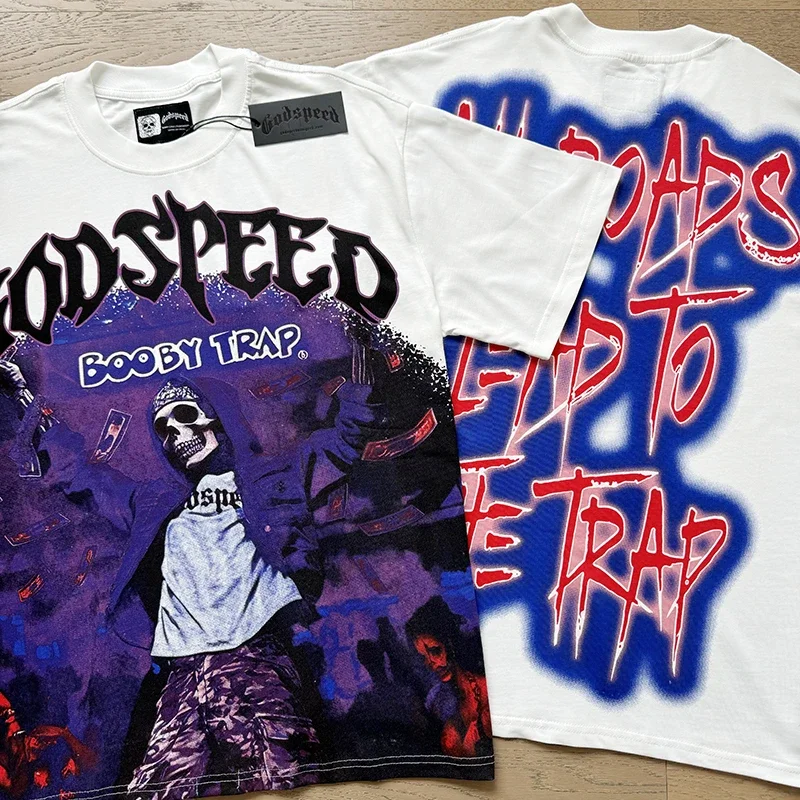 

Purple Skull Nightclub Print GOD SPEED T-shirts Men Women Streetwear Godspeed Short Sleeve Tops