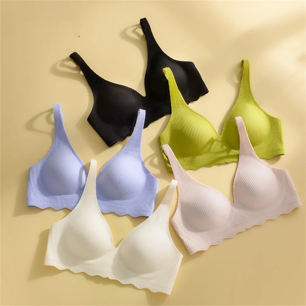 Women\'s Seamless Bra Small Chest Big Hollow Design Underwear Support Non-removable Semi-fixed Cup One Piece Striped Thin Bra