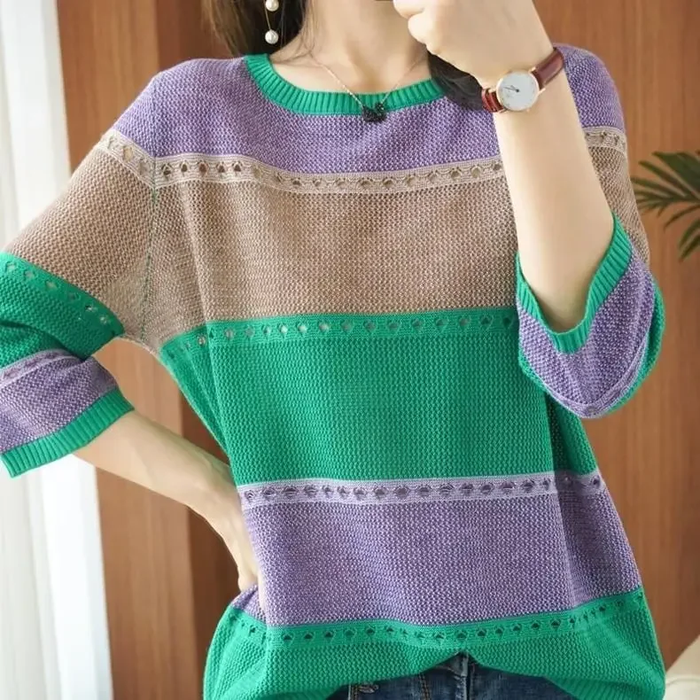 Summer New Round Neck Color-blocked Pullover Knit Sweater Women's Korean Version Loose Cut-out T-shirt Three-quarter Sleeve Top