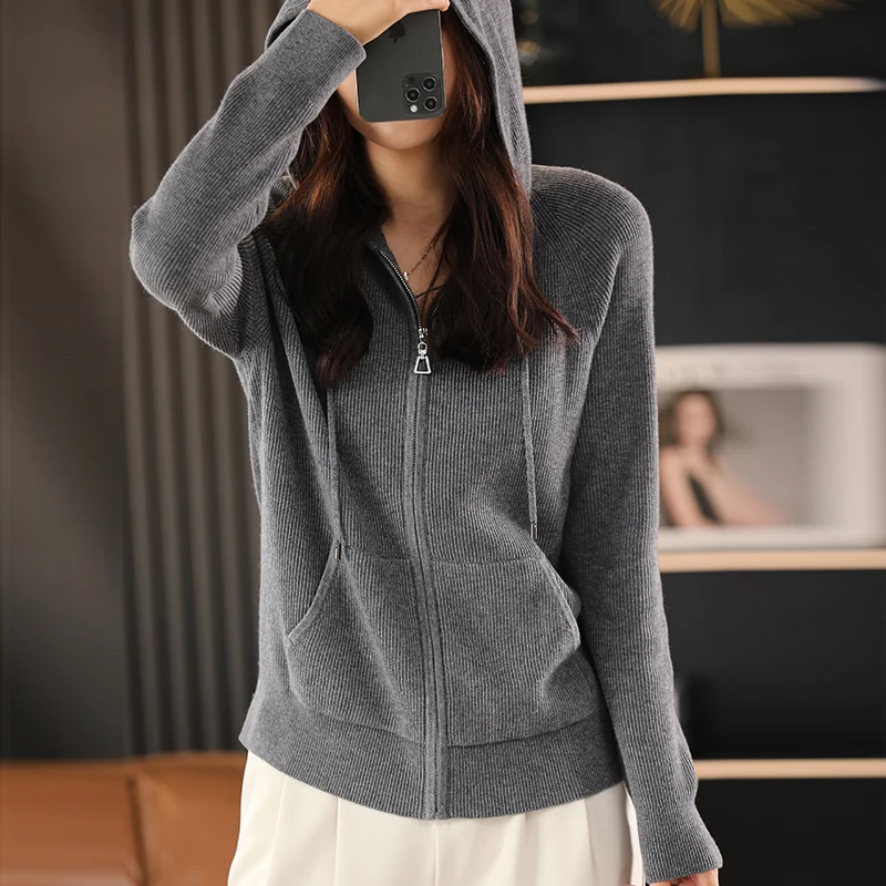 Women Autumn Winter Wool Blend Sweater Hooded Collar Thicken Knitted Zipper Cardigan With Pocket Basis ​Top Female Coat