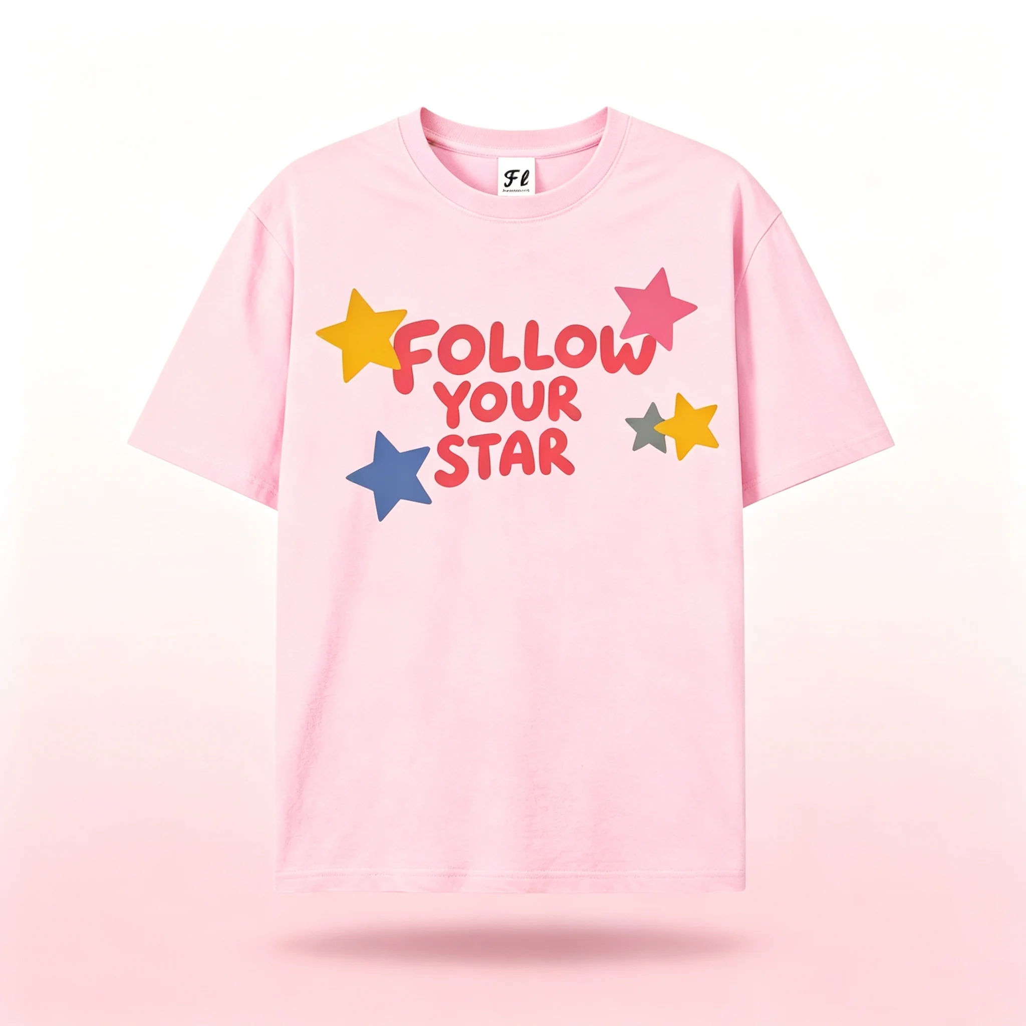 Unisex Follow Your Star Letter Star Print Short Sleeve T‑Shirt Loose Crew Neck Casual Y2K Sweet Streetwear Graphic Tops
