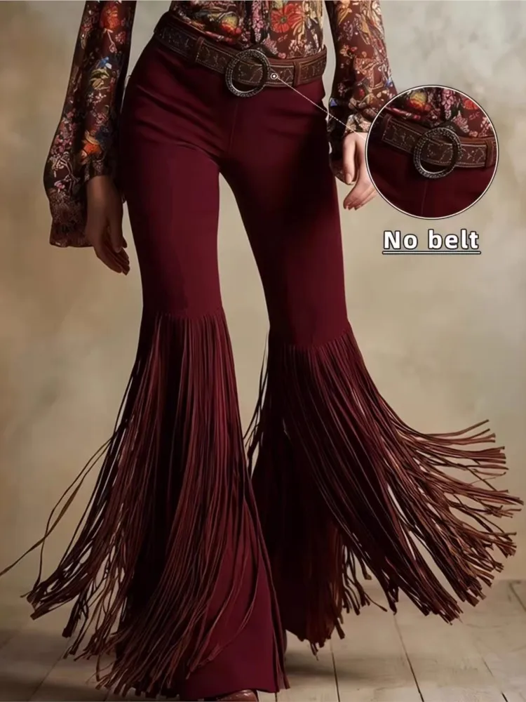 2026 Women's Retro Western Tassel New Suede Pants Spring And Summer Personality Street Solid Color Mid-waist Micro Trousers - Image 4