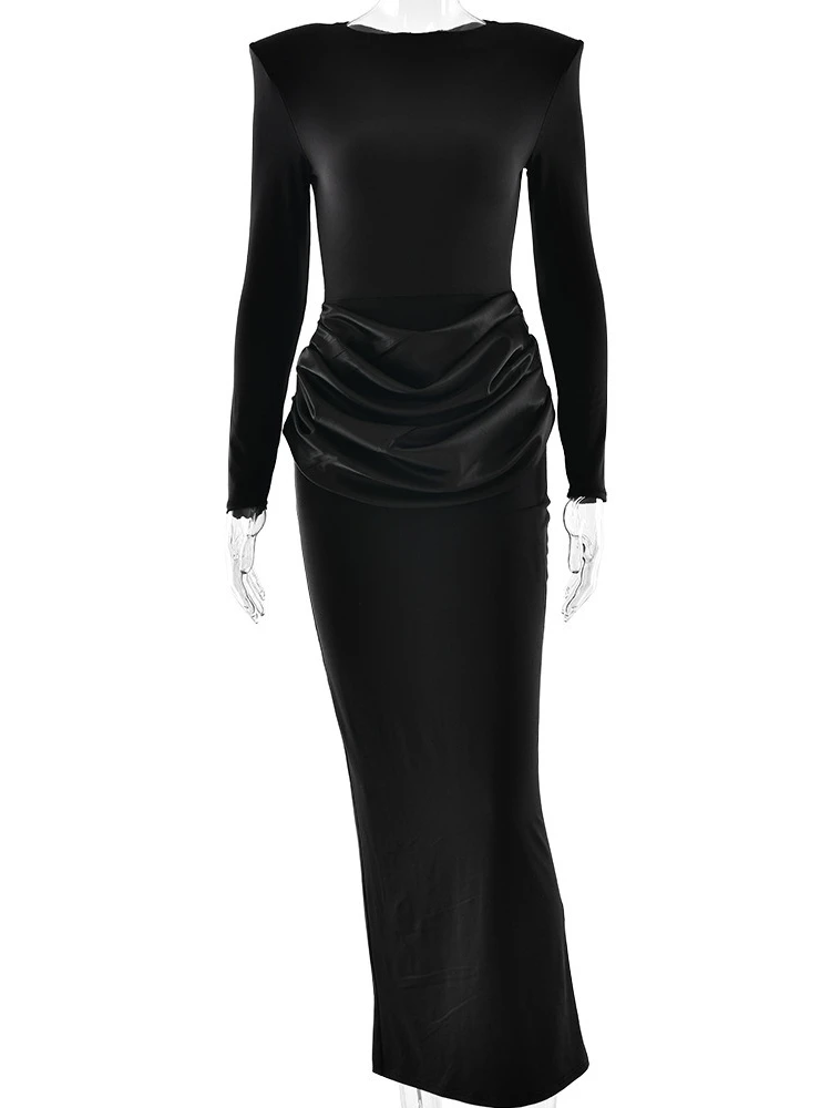 FDYOUI Abito da cocktail lungo da donna con scollo a O e maniche lunghe increspato Abito da sera aderente a vita alta da donna Abito elegante