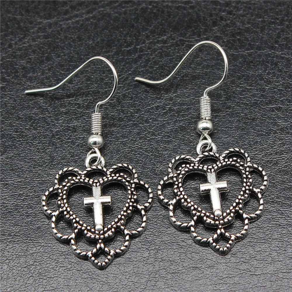 Fashion Simple Design Antique Silver Color Heart Cross Pendant Earrings Women Vintage Drop Earrings