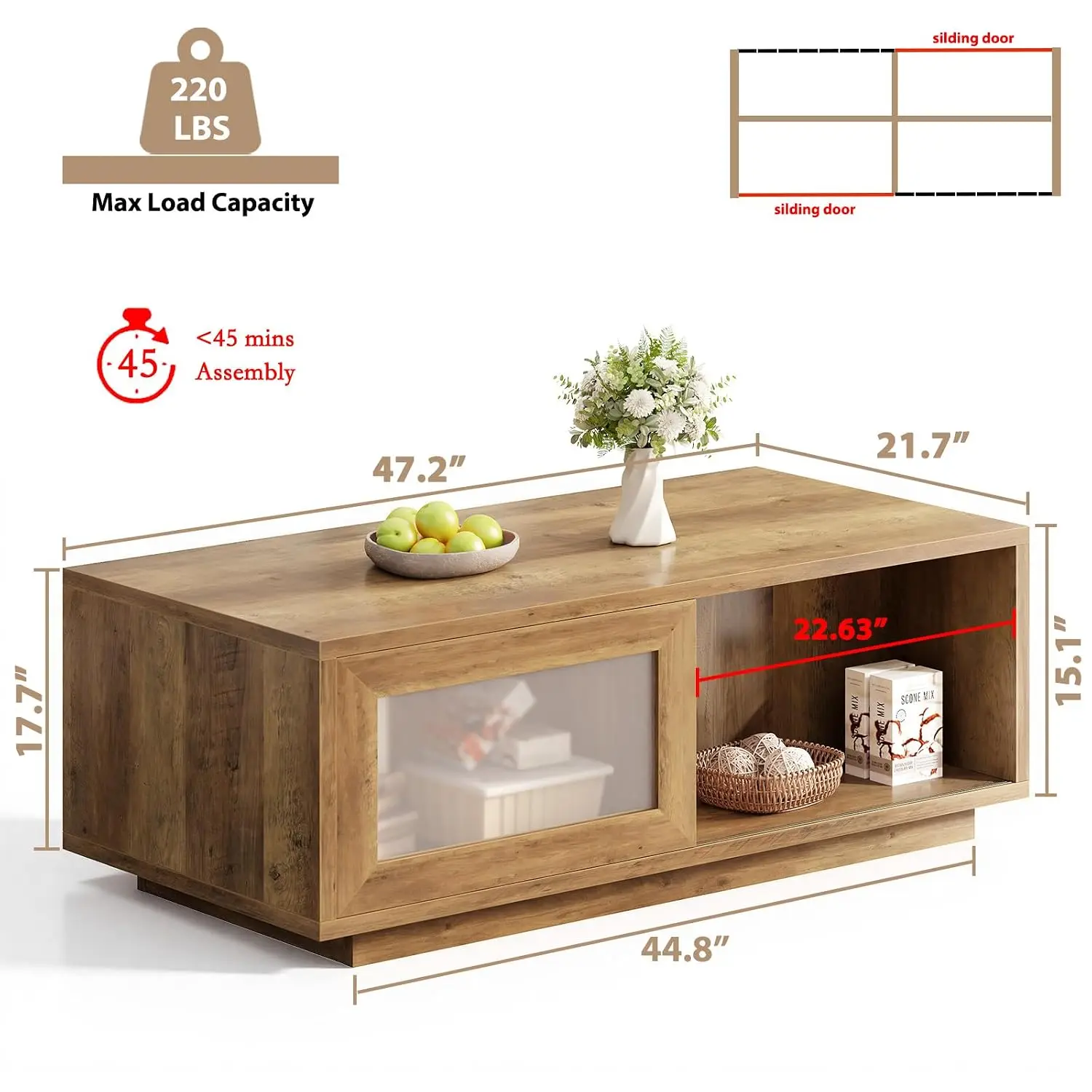 47 Inch Rustic Oak Coffee Table for Living Room with Storage | Modern Wood Rectangle Coffee Tables with Sliding, Customized