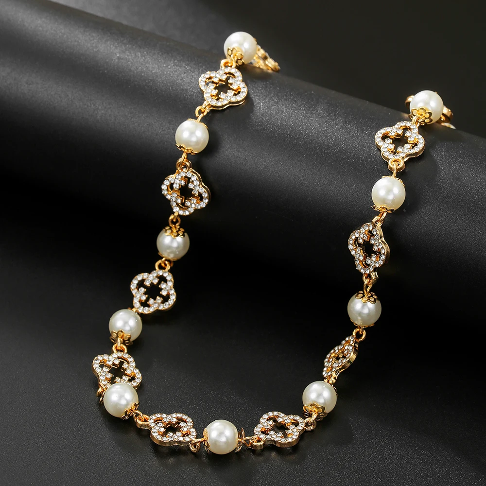 

Elegant Trendy Imitation Pearl Rhinestone Hollow Flower Necklace For Women Shinny Colorful Choker Jewelry New