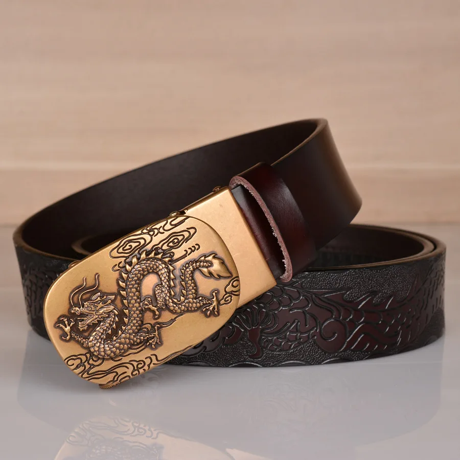 Ethnic style flying dragon in the sky automatic buckle belt jeans with cowhide men's dragon pattern embossed waistband