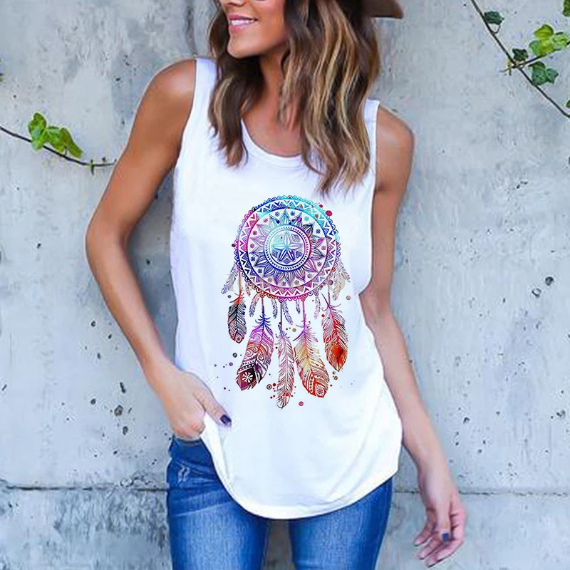 Lato Harajuku Vintage Feather Dreamcatcher Print damskie podkoszulki Casual O-Neck kamizelka bez rękawów Streetwear koszulka damska ubrania