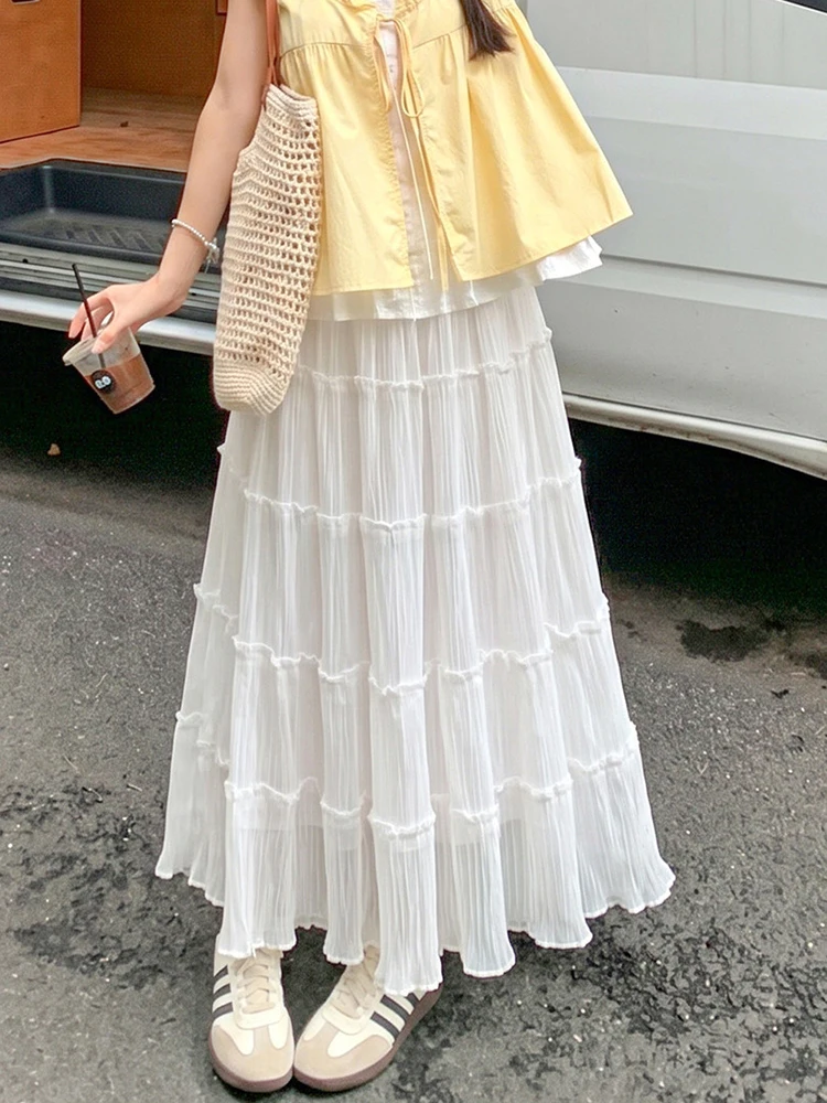 Elegant Women Sweet Long Skirt Loose High Waist Fashion Cute Ruffles Skirts Summer Chic Preppy Style Female Chic Cake Skirt New