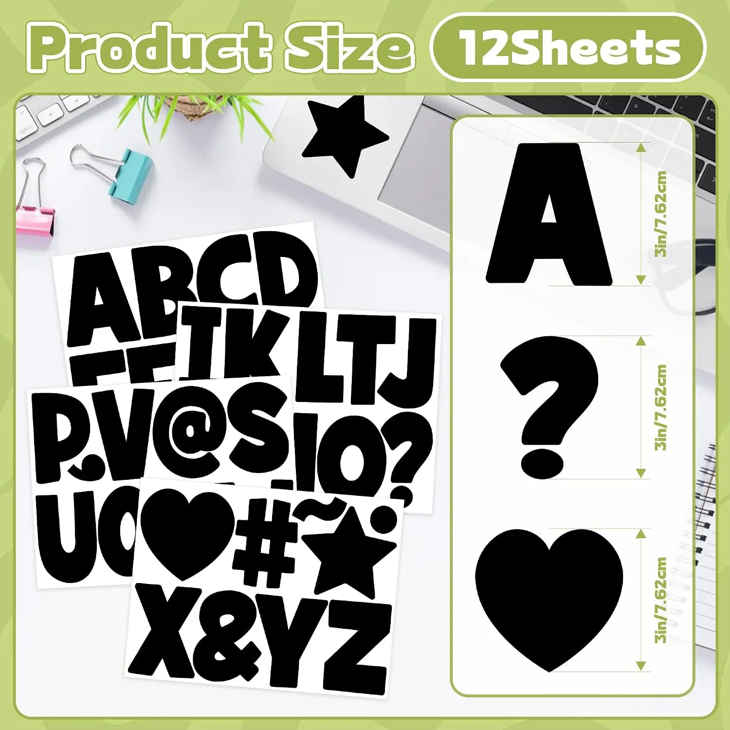 12 Sheets 3 Inch Black Vinyl Bulletin Board Alphabet Stickers, Large Self‑Adhesive Letter Stickers for Classroom Decor