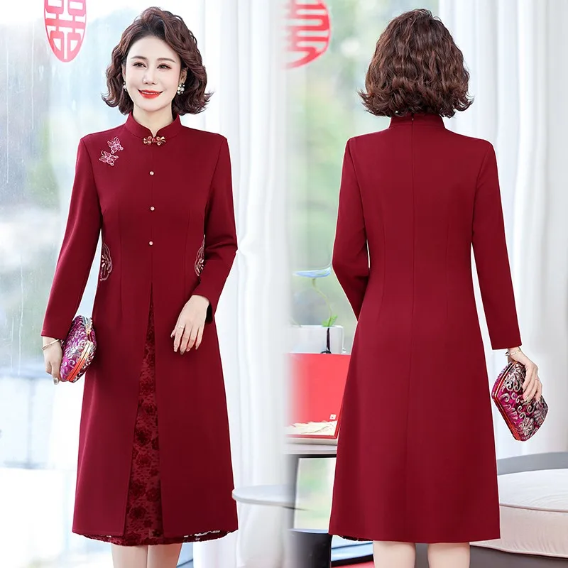 Robe de soirée de style chinois pour femmes, robe de broderie vertébrale rouge, robe vintage, robe éducative, élégante, luxe, printemps et automne