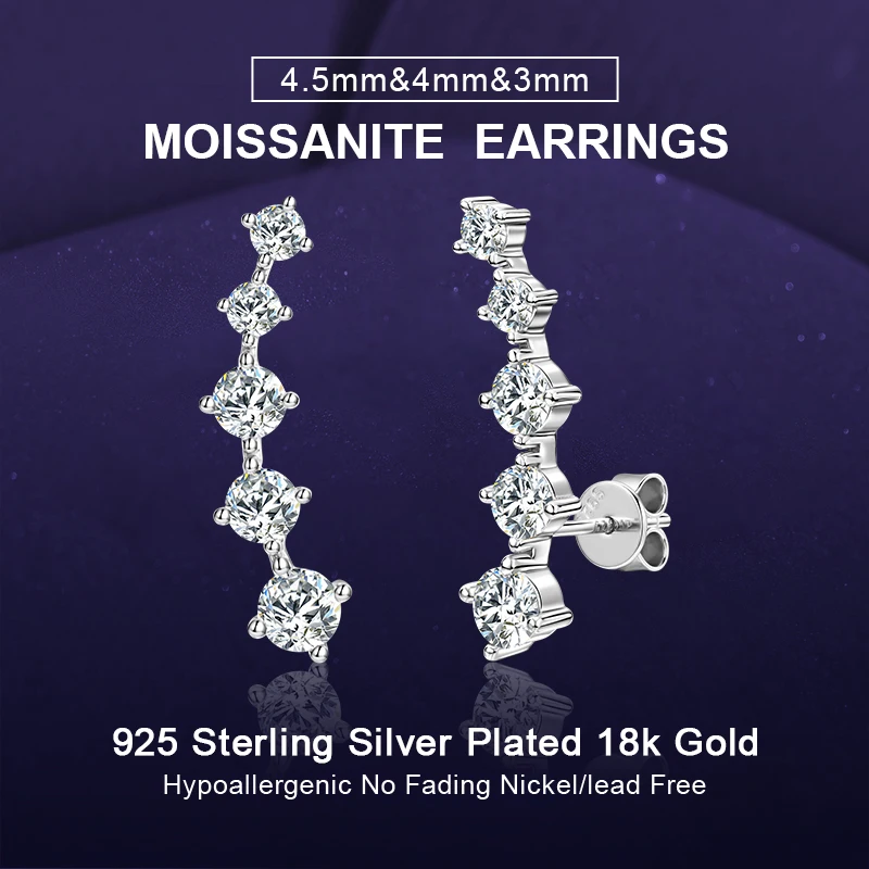 IOGOU All D Moissanite Crawler Earrings for Women Real 925 Silver 4.5mm&4mm&3mm Round Five-stone Stud Earrings Engagement Gift