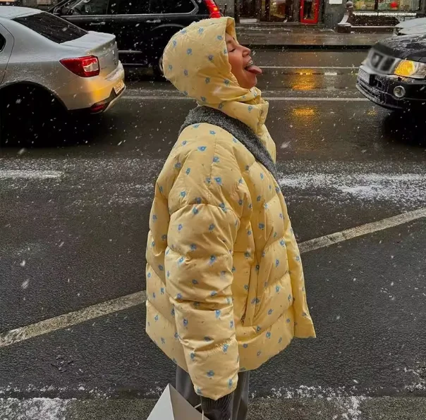 Winter Women Yellow Flower Print Front Zipper Bread Parka Coat Removable Hat Hooded Long Sleeve Loose Causal Outerwear Coffee