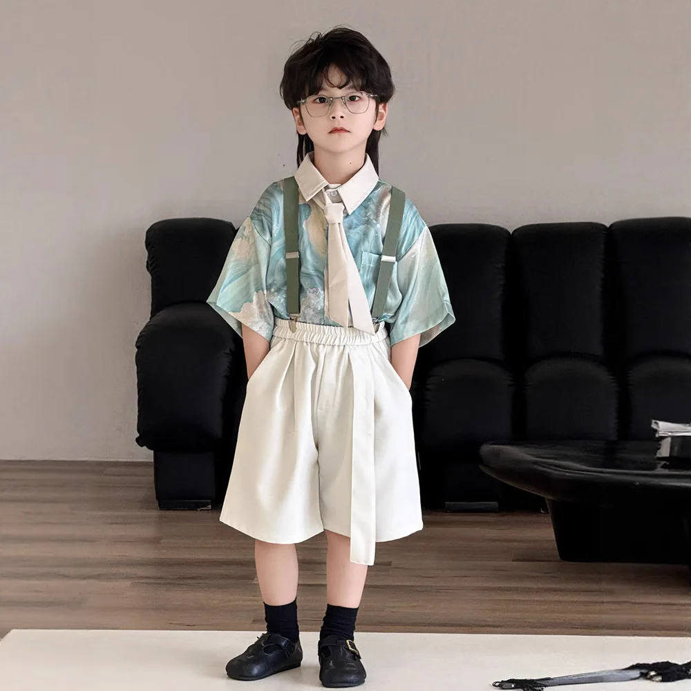 Boys Suit 2026 Spring/summer New Childrens Wear Boys Baby Short Sleeve Foreign Print Shirt Tie Suspends Pants Three-piece Set