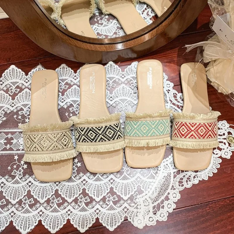 

Hemp Massage Front Open Toe Outdoor Casual Shoes Summer Straw Weaving Chaussure Slippers Women's Fashion Trend Anti Slip Wear 43
