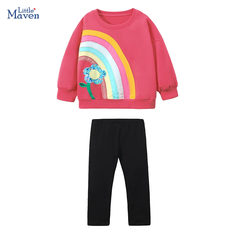 Little maven 2024 Clothes for Teenagers Baby Girls Cotton Hoodie Rainbow Sweatershirts+Pants Sets Autumn Clothes for Kids