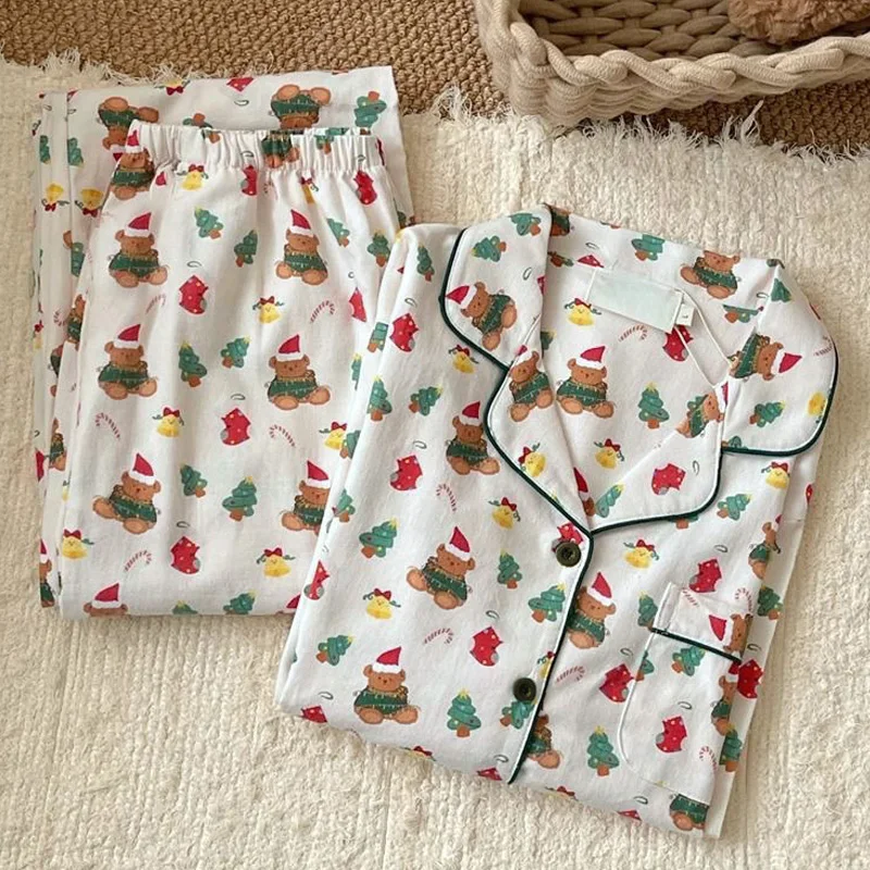 Cotton Pajama Sets Women Christmas PJ Set Bear Homewear Long Sleeves Button Female Sleepwear Pajamas Pants Kawaii Y2K Nightwear