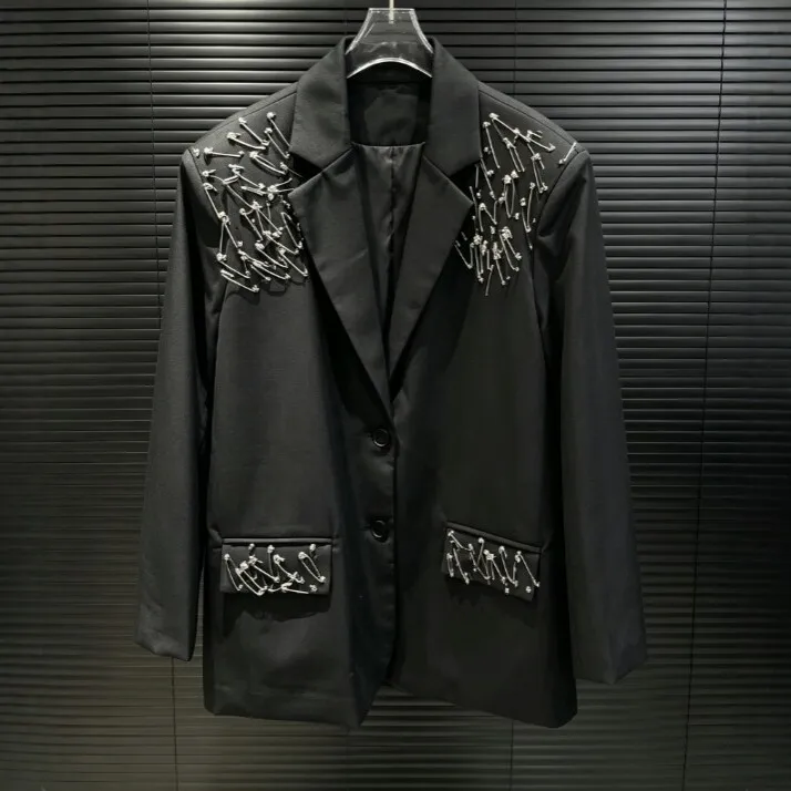 No Hood Loose Fit Coat with 3D Effect Pattern and Rhinestone Embellishment Elegant Commuter Long Sleeve Women Suit Autumn
