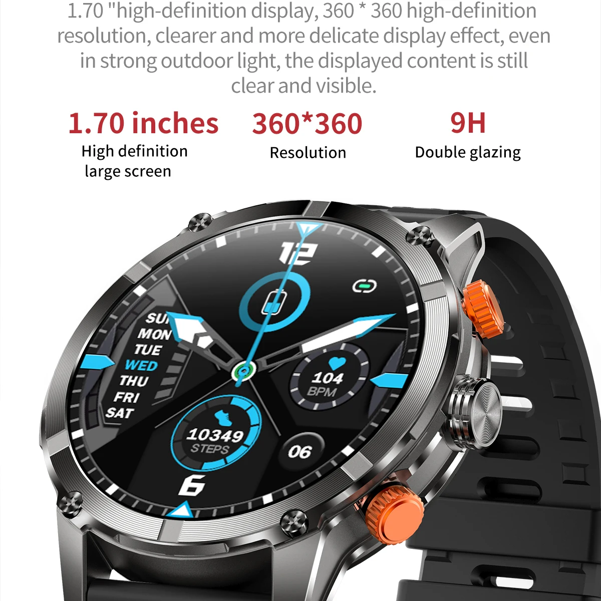 1.7 "남성 야외 스포츠 피트니스 손전등 파란 치아 통화 스마트 시계 심박수 정보 알림 방수 Smartwatch