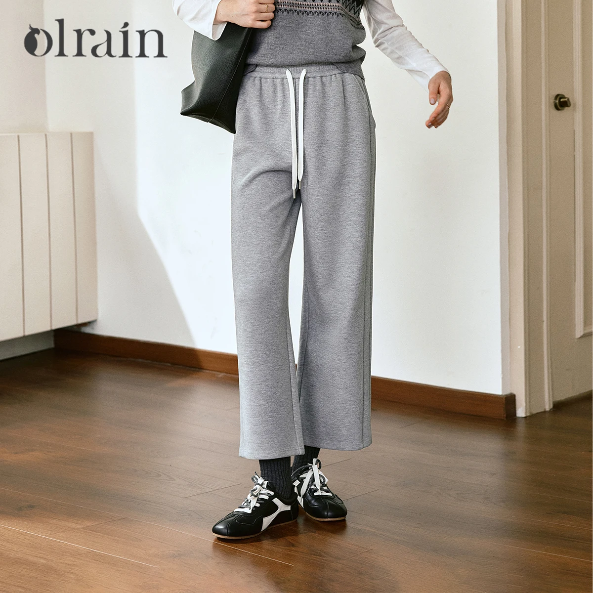 OLrain Women's Wide Straight Pants Autumn Loose Fit Ankle Length Trousers 2026 Commute Simple Ladies Knitted Bottom O57QK001111