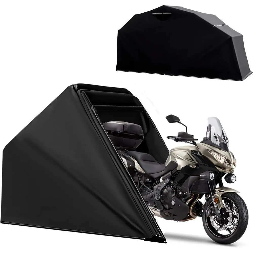 

Durable 4.5x11ft Motorcycle Storage Shed with 600D Fabric Cover and 2 Roll-Up Windows (Black, Large)
