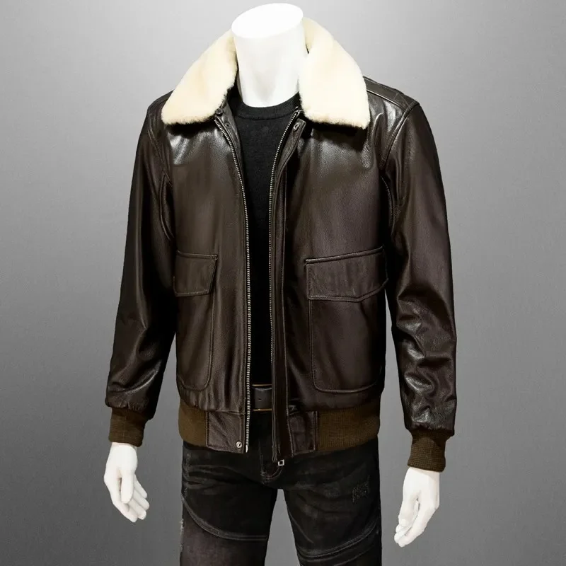 Dark Brown G1 Pilot Leather Jacket Men Military Style Plus Size 4XL Natural Cowhide Winter Aviation Genuine Leather Coat