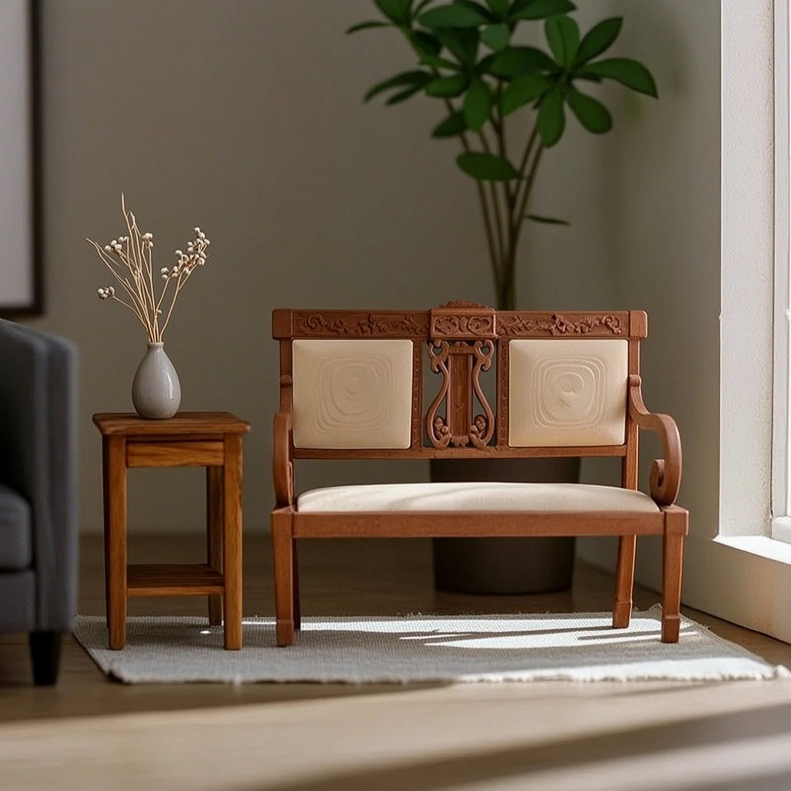 Dollhouse Bench with Cushions 1:12 Scale Dollhouse Bench Miniature Sofa with Cushions Upholstered Furniture Wood-Look