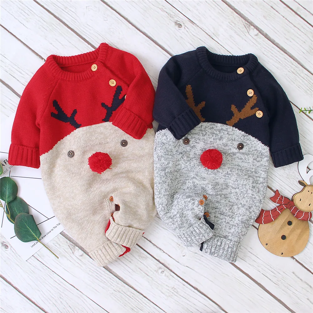 

Infant Crew Neck Overall Set Adorable Printed Playsuit with Long Sleeves Cute Deer Patterned Knit Jumpsuit