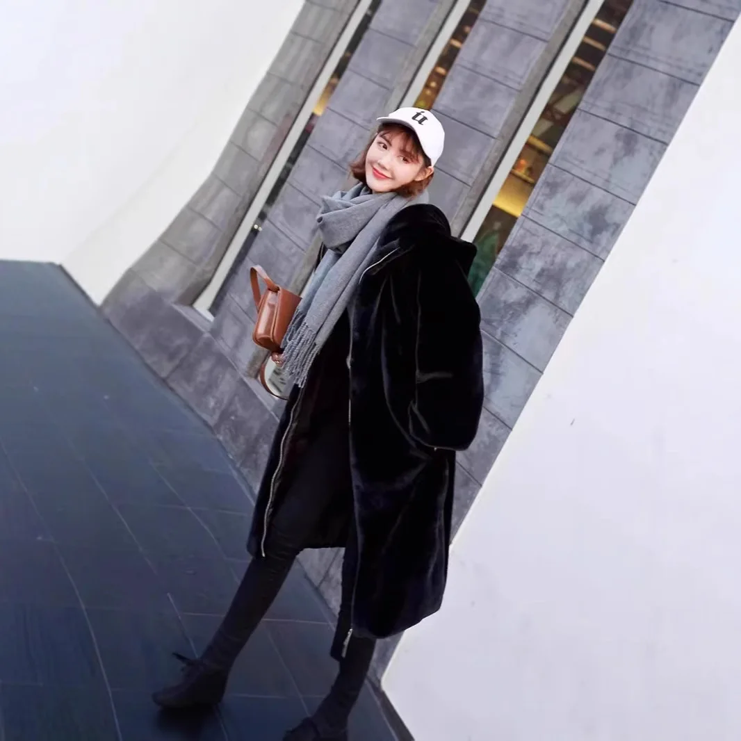 Amazon AliExpress custom black coat artificial fur jacket extended imitation mink velvet hooded clothes