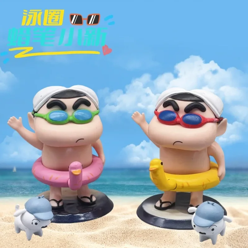 Crayon Shin-chan Beach with Little Yellow Duck Swim Ring Statue Action Figurine Desk Anime Model Toys Figures Gift 11cm