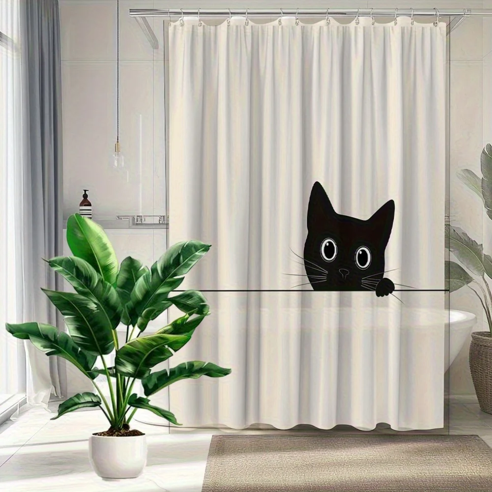 Cute Black Cat Pattern Shower Curtain Bathroom Decoration Polyester Fabric Contains Bathtub Partition Hanging Curtain