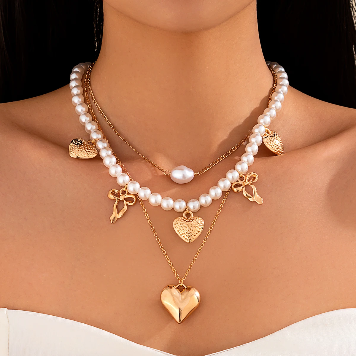 

Lacteo Trendy 3Pcs/Set Gold Color Imitation Pearl Adjustable Necklace For Women Ethnic Heart Bowknot Pendant Jewelry Accessories