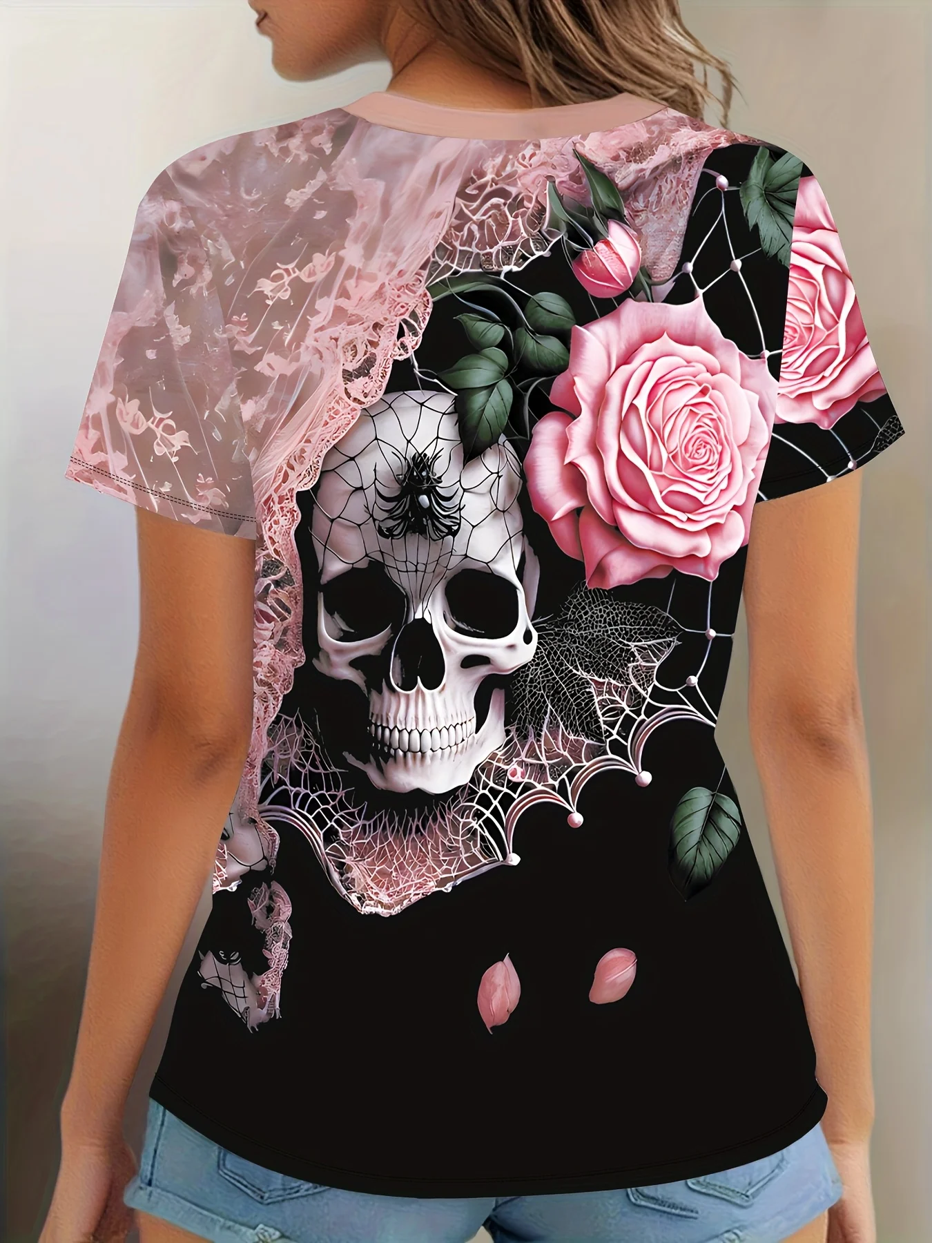 Taglie forti 1XL-5XL Maglietta da donna Teschio e fiore Modello 3D Stampato T-shirt casual a maniche corte Girocollo Top estivo