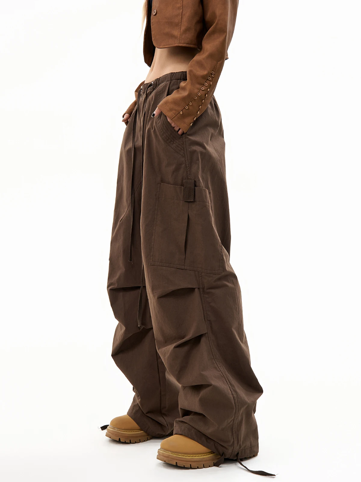 

ZHISILAO новые мешковатые брюки на шнурке, женские повседневные коричневые брюки с высокой талией, широкие прямые брюки полной длины, уличная одежда 2025