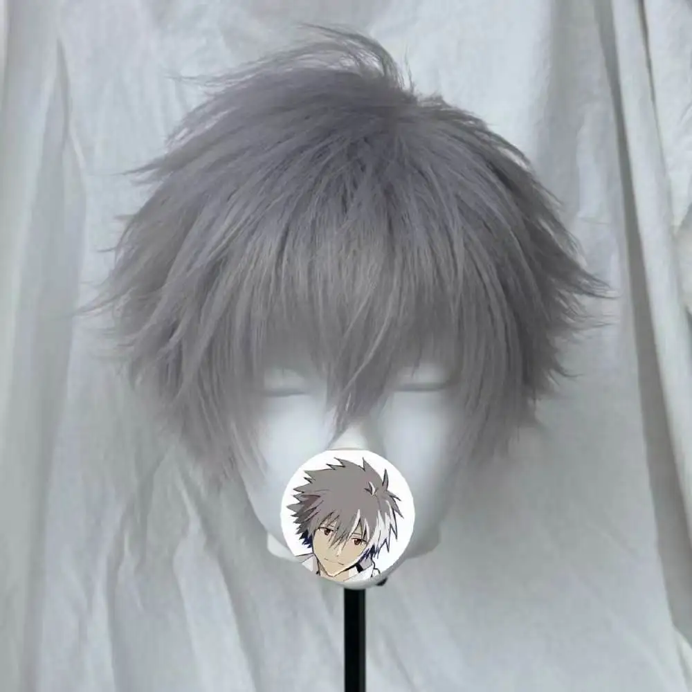 Anime Character Kaworu Nagisa Cosplay Wig Silver Gray Short Wig Rose Net Inner Cap Heat Resistant Synthetic Fiber Wig Halloween
