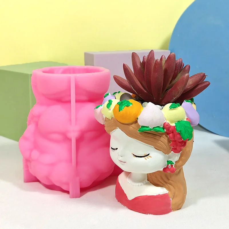 Fruit Girl Head Flower Pot Silicone Mold DIY Cement Plaster Succulent Plant Mold Closed-Eyed Girl Portrait Vase Handmade Mold