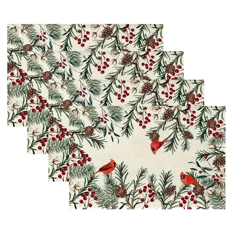 Vintage Watercolor Christmas Natural Element Placemats Red Cardinal Pine Branch Berry Printed Holiday Party Family