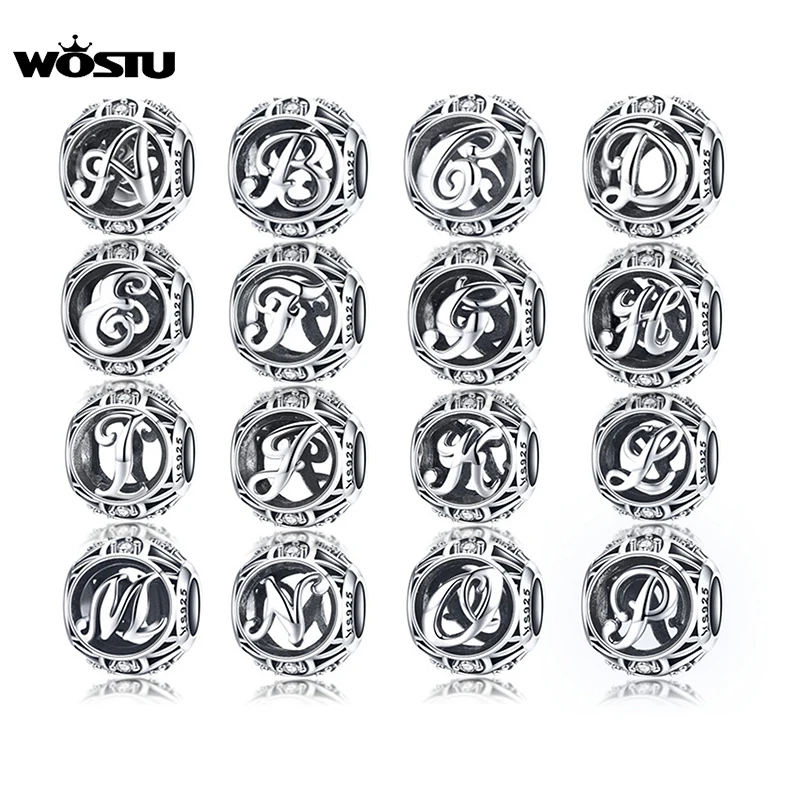 WOSTU Genuine 925 Sterling Silver Fashion Letter A-Z Beads Charm fit Original Bracelet Necklace Woman DIY Jewelry Making CQC738