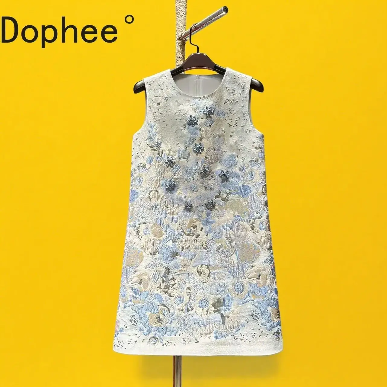 Luxury Jacquard Fabric Women Short A-line Dress High Quality Rhinestone Beads Sleeveless Loose Waist Summer Elegant Tank Dresses