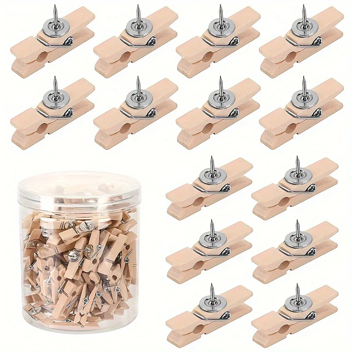 50-teiliges Set mit Holzhaltern für Reißzwecken | Transparente Boxverpackung, einfache Lagerung und Portabilität, vielseitig einsetzbar.