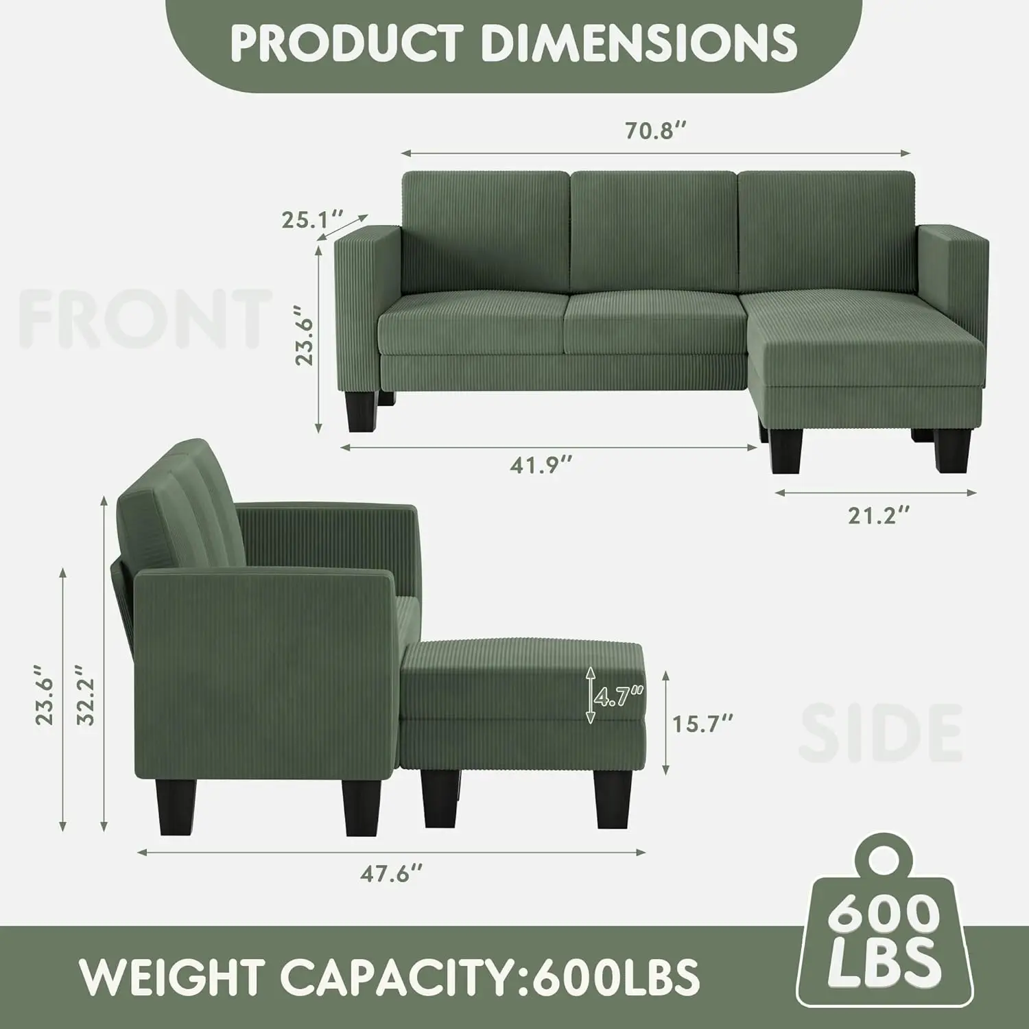 L-Shaped Convertible Sectional Sofa 3 Seater with Corduroy Fabric, Complete with Mobile Footrest, for Living Room, Apartment and