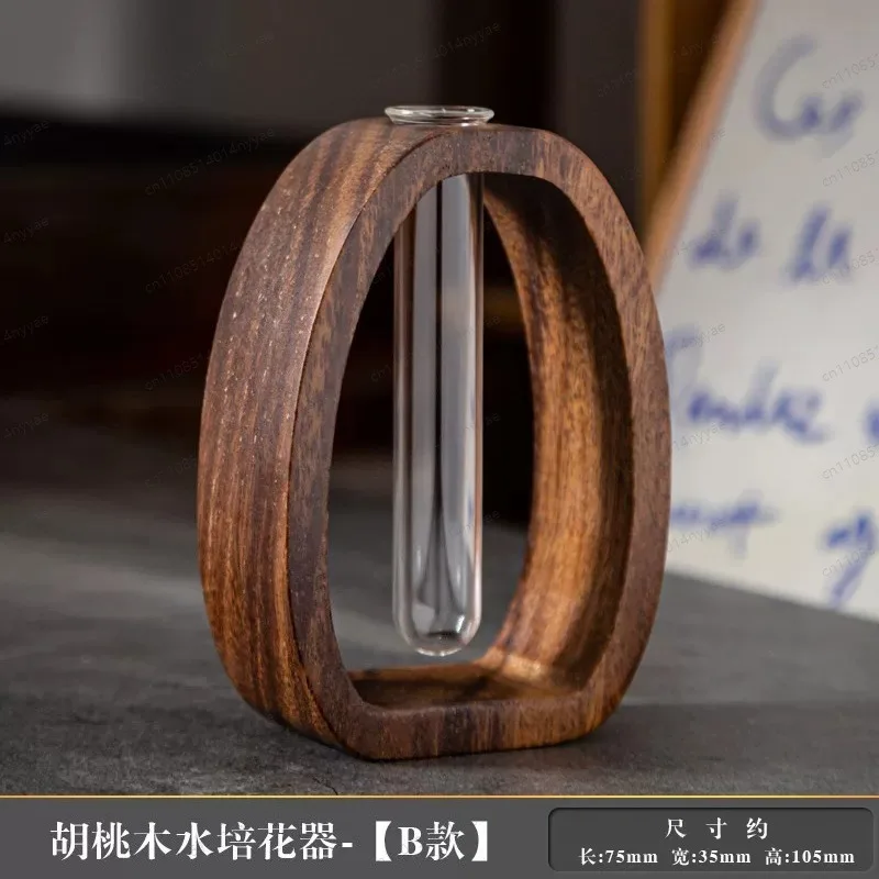 Japanese Style Wooden Flower Vase, Walnut & Glass Hydroponic Plant Holder for Desk, Minimalist Bud Vase for Small Blooms