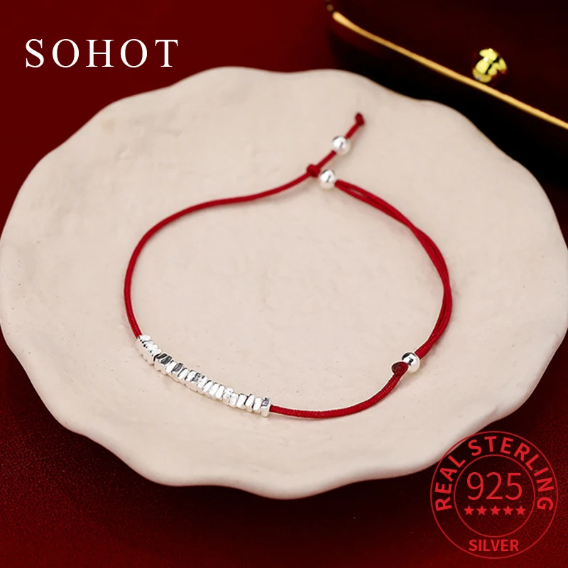 

Real 925 Sterling Silver Bead Red Rope Charm Bracelet for Trendy Women Ajustable Fine Jewelry Minimalist Geometric Accessories