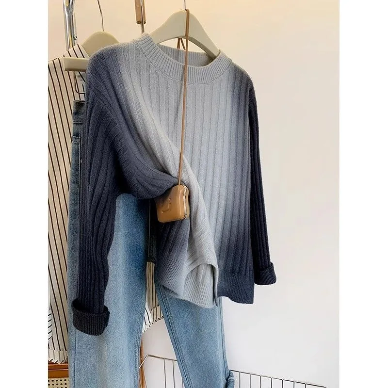 Irregular Slit Contrasting Color Block Pullover Sweater for Women Autumn and Winter 2025 New Style Inner Base Sweater Top