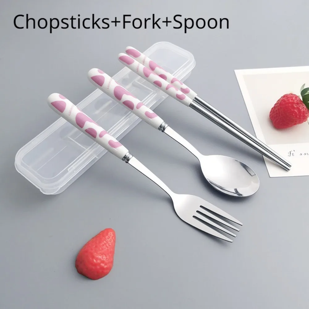 Cartoon Cow Cutlery Spoon Fork Chopsticks Stainless Steel Portable Travel Lunch Tableware Dinnerware Sets Kitchen Accessories