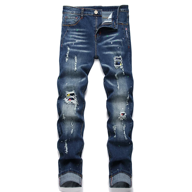 New Paint Spots Ripped Fashion Jeans Men's Splicing Stretch Slim Punk Denim Pants Personality Streetwear Male Trousers