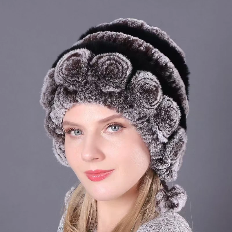 

Winter Women 100%Natural Rex Rabbit Fur Cap Lady Warm Authentic Rex Rabbit Fur Caps Good Elastic Real Fur Hats Warm Beanies